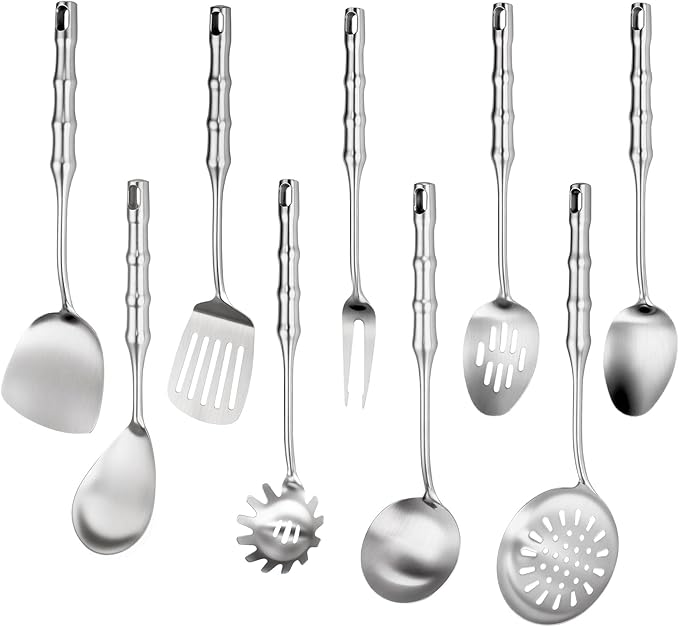 18/10 Stainless Steel Kitchen Utensils Set,9pcs Metal Cooking Utensils Set Cookware for Wok Tools,14 inch Long Heavy Duty Kitchen Tools Set for Chef