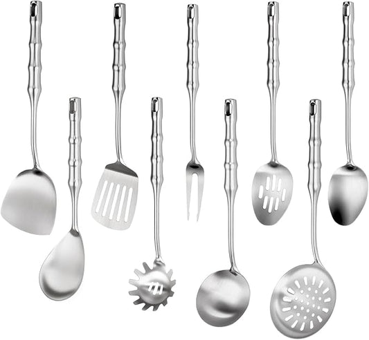 18/10 Stainless Steel Kitchen Utensils Set,9pcs Metal Cooking Utensils Set Cookware for Wok Tools,14 inch Long Heavy Duty Kitchen Tools Set for Chef