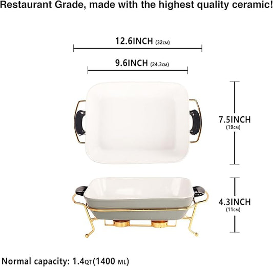 Ceramic Casserole Dish 1.3 Quart Bakeware with rack, 9 x 6 Lasagna Pan, Buffet, hot pot, Catering Casserole for party, Bakeware With Handle, Microwave, Dishwasher, Oven Safe (Gray with rack)