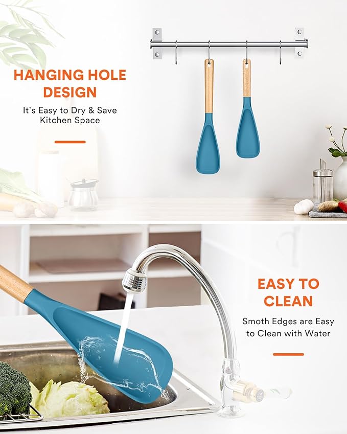 Multifunction Spatula Spoon for Nonstick Cookwares, Great for Cooking and Serving, Sturdy BPA-Free Matte Silicone, Wood Handle Spatula for Mixing, Scoop, and Scrape, Turquoise(2 pack,11.4" & 13.4")