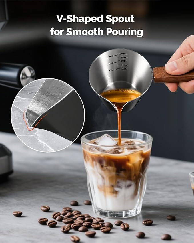 Maestri House Espresso Measuring Cup, Stainless Steel Espresso Shot Cup, Wide Mouth & V-shaped Pour Spout Coffee Mug with Handle Scale for Latte, Dirty, Americano, Cappuccino, Macchiato (Black)
