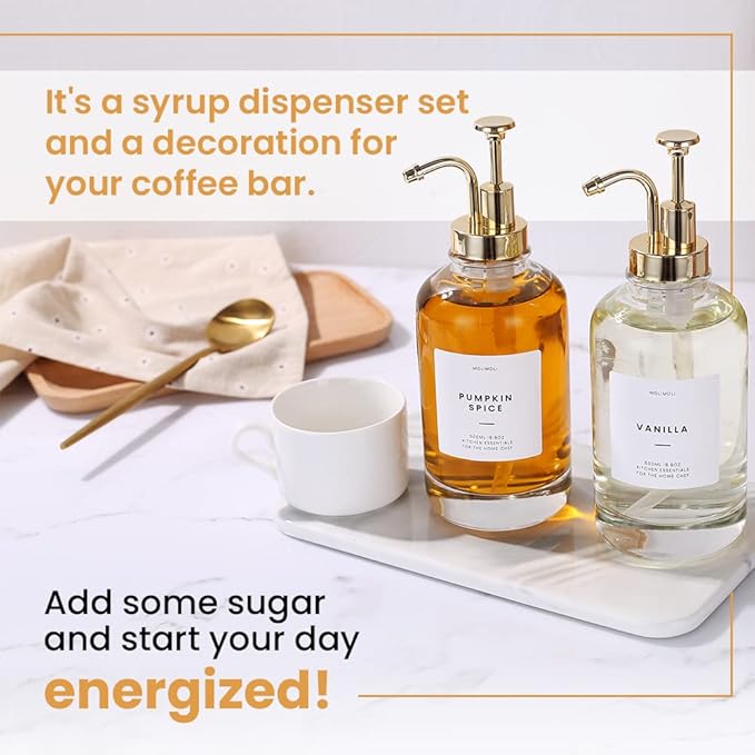 Molimoli Syrup Dispenser for Coffee Bars, Glass Syrup Bottle w. Pump, 16.9 oz 500 ml, Set of 2, Gold Upgraded Dispenser