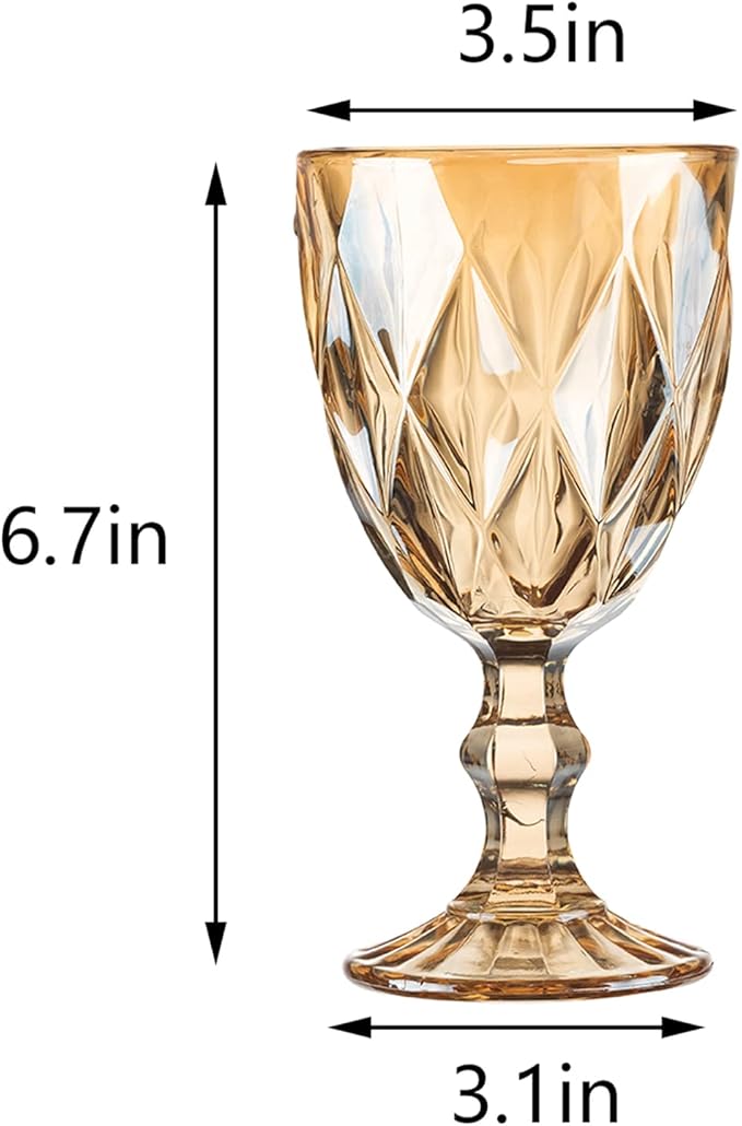 Vintage Wine Glasses Set of 6, 10 Ounce Colored Glass Water Goblets, Unique Embossed Pattern High Clear Stemmed Glassware Wedding Party Bar Glass Drinking Cups Fancy Wine Glasses Amber