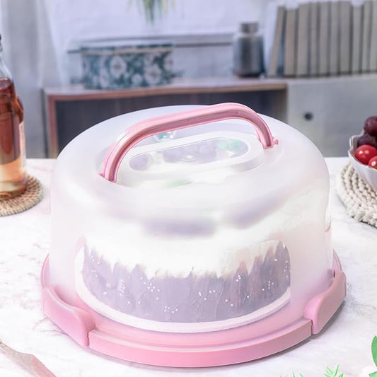 10in Plastic Cake Carrier with Handle, Round Cake Holder with Lid Pink Cake Container for 6in/8in/10in Cake(pink)