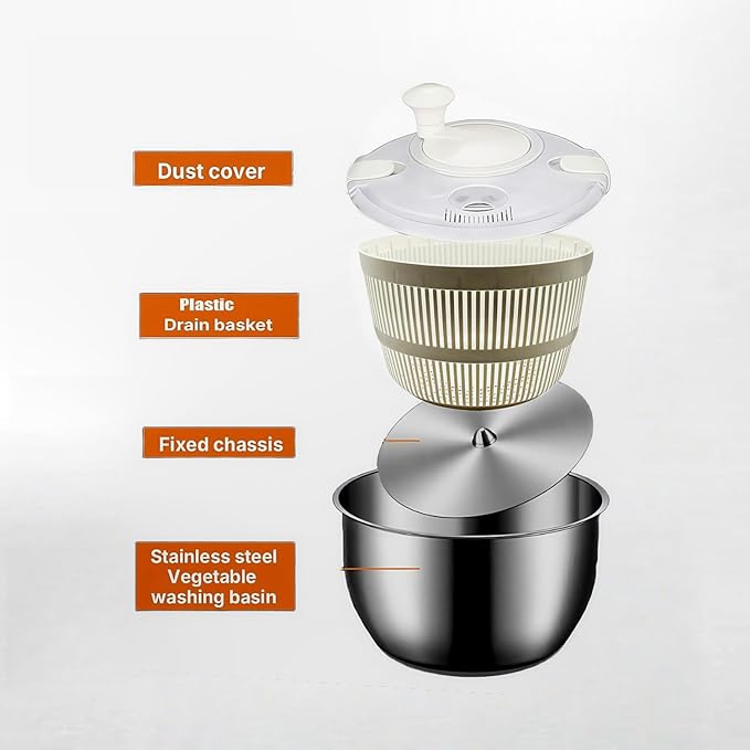 Stainless Steel Salad Spinner - 5.3 Qt Large Capacity with Effortless Crank Handle, Non-Slip Base, Dishwasher Safe for Home & Commercial Use, Ideal for Greens, Vegetables, Fruit, and Pasta.