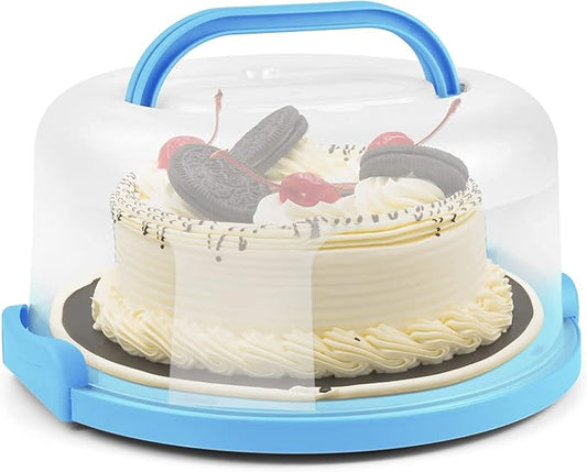 Portable Cake Carrier with Handle, Round Cupcake Holder with Lid, Plastic Storage Container Box fit 10 inch Cake, 3-Locking Muffin and Pies Keeper with Cover (Blue)
