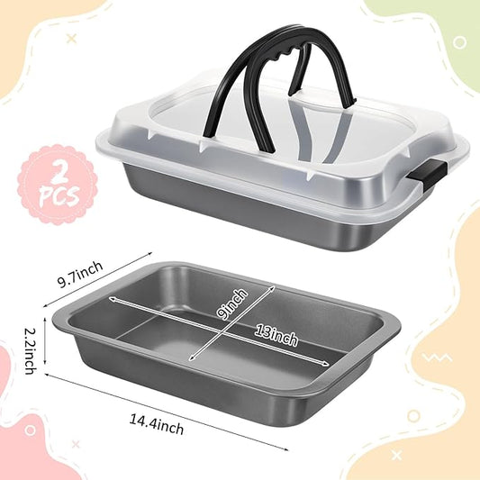 2 Pcs Cake Baking Pan with Lid and Handle, 9 x 13 Inch Non-stick Rectangle Sheet Cake Pan Carrier for Brownie Roasting Cooking Baking (Black Gray)