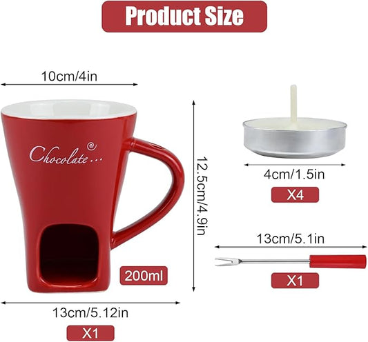 Sweet Fondue Cup for Chocolate Cheese Candy Butter - Chocolate Fondue Mug with Fork & 4 Candle, Mini Ceramic Chocolate Melting Cup, Personal Chocolate Melting Pot for Date Night Birthday Wedding (Red)