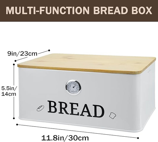 White Bread Box for Kitchen Countertop with Bamboo lid, Hygrometer Kitchen Organizer for Sourdough, Buns, and Loaves, Bread Storage Container