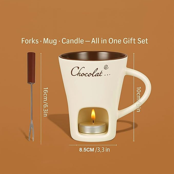 Chocolate Melting Mug Cheese Candy Mini Fondue Pot With Forks (Brown)
