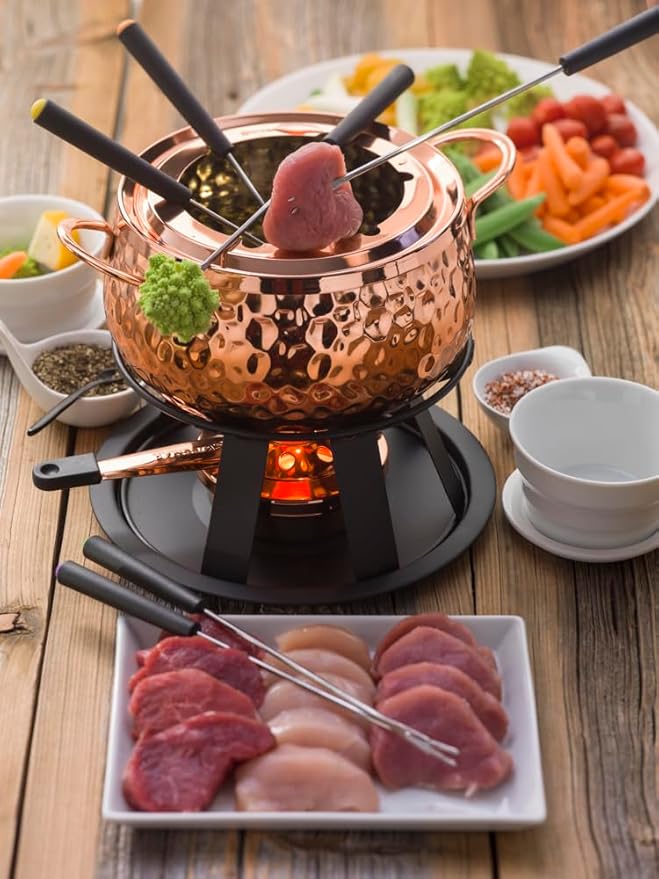 Swissmar Biel 11-Piece Copper-Plated Fondue Set – Hammered Finish – Ideal for Oil & Broth Cooking – Perfect for Entertaining, Kitchen Collections & Wedding Gifts – 2 Liter / 2.1 Quarts