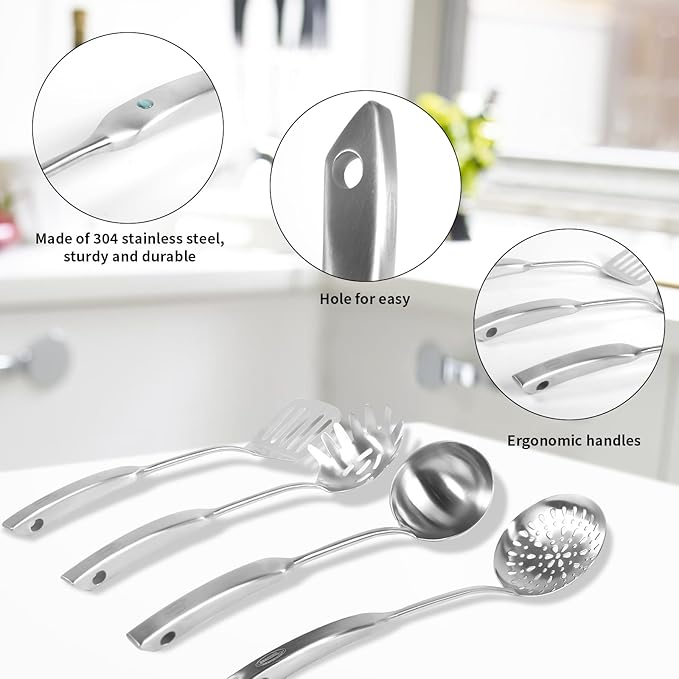 Newness 4 Pcs Cooking Utensils Set, 304 Stainless Steel Kitchen Utensils Set, Metal Kitchen Accessories, Include Soup Ladle, Slotted Skimmer Spoon, Spaghetti Spoon and Spatula, Dishwasher Safe