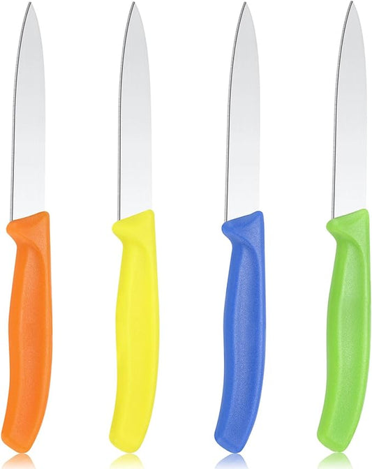 BEWOS Paring Knife, Straight Edge Paring Knives Set of 4, Ergonomic Handle, Ultra Sharp Kitchen Knife, Colorful PP Plastic Handle, 4.1-inch Pointed Tip (Orange, Yellow, Blue, Green)