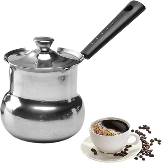 Turkish Coffee Pot with Lid: Stainless Steel Mini Saucepan Chocolate Melting Pot, Milk Warmer Butter Warmer for Stove Top Espresso Coffee Tea Soup Warming (350ML)