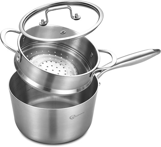 LOLYKITCH Tri-ply Stainless Steel 3 QT Saucepan with Lid and Steamer,Sauce Pot,Induction Cooking Pot,Dishwasher and Oven Safe.