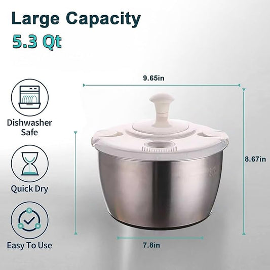 5.3QT Stainless Steel Salad Spinner - Large Capacity Vegetable & Fruit Washer Cleaner, Salad Dryer with Quick Spin & Drain Outlet, Multi-Use Colander