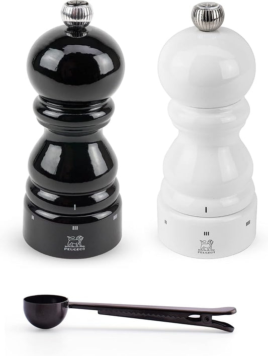 Peugeot Paris u'Select 6 Setting Manual Zirlion Salt & Pepper Mill Set With Black Stainless Steel Spice Scoop Made In France (White & Black Lacquered, 5- Inch)