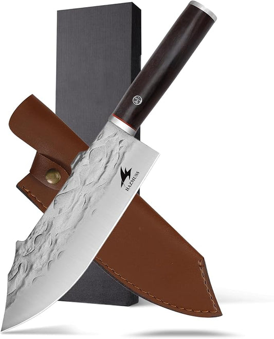 Professional Forged Butcher Knife, Sharp 8-inch High Carbon Stainless Steel Blade for Meat-Cleavers, Ash Wood Handle, with Leather Sheath Great for Home, Camping, BBQ