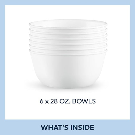Corelle Vitrelle 28-oz Soup/Cereal Bowls Set of 6 Chip & Crack Resistant Dinnerware Bowls for Soup, Ramen, Cereal and More, Triple Layer Glass, Winter Frost White