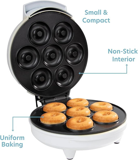 Mini Donut Maker- Electric NonStick Surface Makes 7 Small Doughnuts- Decorate Frost Ice Your Own for Kid Friendly Baked Dessert Treat- Unique Cooking Activity for Adults, Easy Bake Brunch Gift for Her
