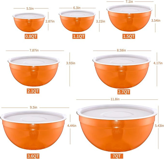 Orange Mixing Bowls With Airtight Lids,Stainless Steel Bowl,Salad Bowls 7 Piece Colorful Nesting Bowl Orange Kitchen Accessories,Size 7,3.6,2.7,2.1,1.5,1.1,0.8QT Stackable Design