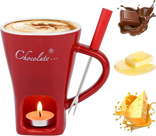 Sweet Fondue Cup for Chocolate Cheese Candy Butter - Chocolate Fondue Mug with Fork & 4 Candle, Mini Ceramic Chocolate Melting Cup, Personal Chocolate Melting Pot for Date Night Birthday Wedding (Red)