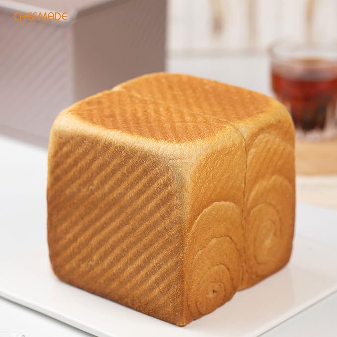 CHEFMADE Square Pullman Loaf Pan with Lid, 1Lb Dough Capacity Non-Stick Rectangle Corrugated Toast Box for Oven Baking 5.7" x 5.7"x 5.2"(Champagne Gold)