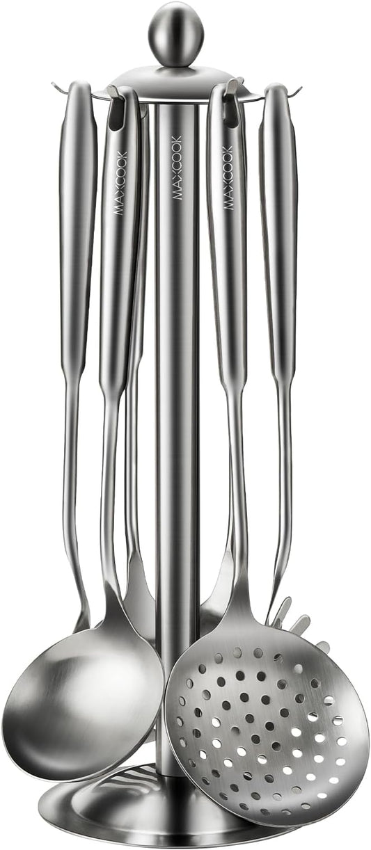 Cooking Utensils set, 18/8 Stainless Steel Kitchen Utensils set, 7 Pieces Cookware Set with Rotating Holder, Heat Resistant Stainless Steel Cooking Spoon(Dishwasher Safe)