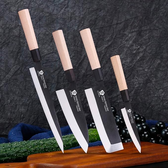 WILDMOK Set of 4 GYUTO Sushi Chef Knives-Yanagiba-Deba-Nakiri-Utility Kitchen Knife, Fish Slicing Filleting Knife Sets with German Steel Blade & Traditional Wooden Handle