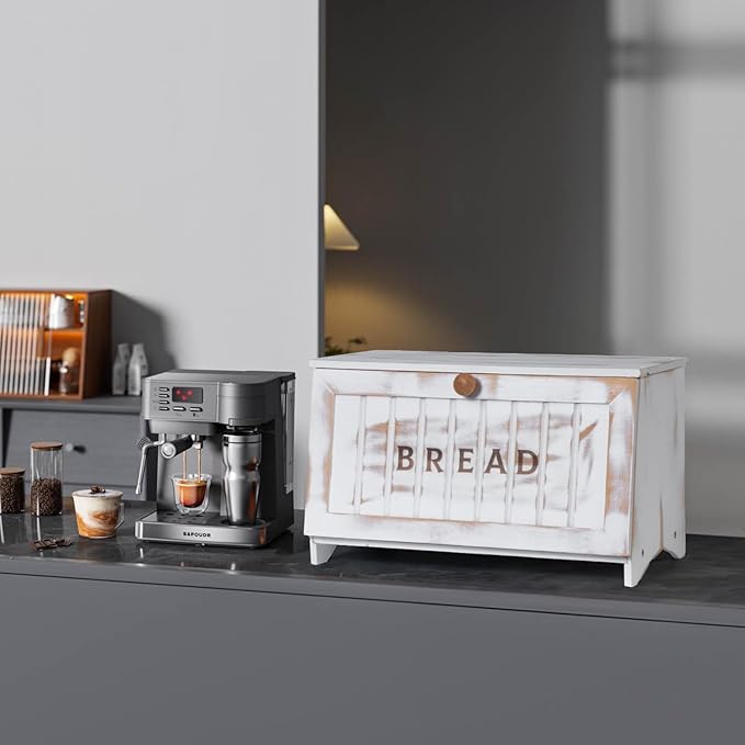 Bamboo Bread Box for Kitchen Countertop, White Vintage Wooden Counter Breadbox, Single Layer Rustic Wood Large Capacity Bread Storage Container Bin