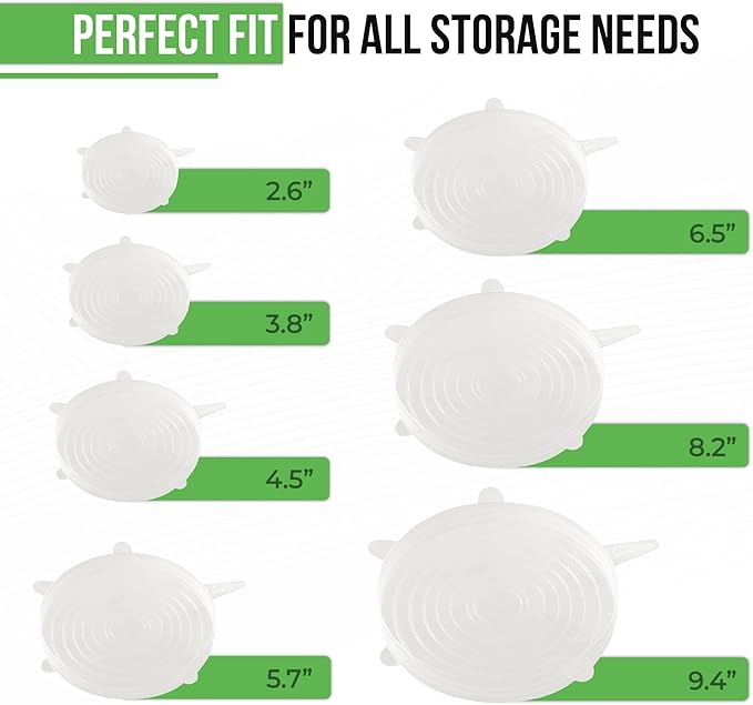 Reusable Silicone Stretch Lids for Food Storage in Fridge - Elastic Heat-Resistant Bowl Covers, Cups, Cans, Jars - Universal Food Grade Lid for Round and Rectangle Containers - Dishwasher Safe -7 Pack