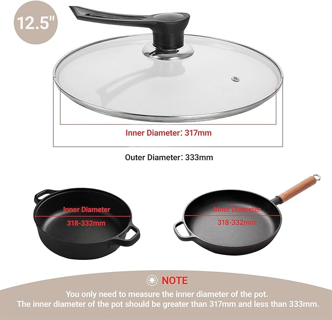 12.5 Inch Pan Lid, Universal Pot Lid, Support Vertical Placement, 4mm Clear Tempered Glass, Compatible with Dishwasher and Ovens