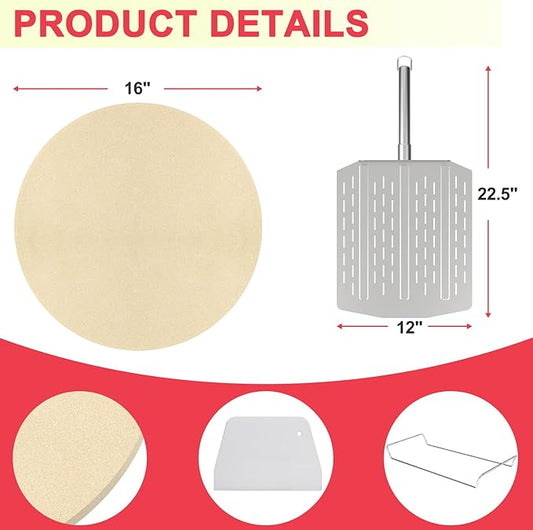 "DcYourHome 16 inch Round Pizza Stone with Rack for Oven, BBQ Grilling, Natural Cordierite Pizza Stone Kit with Pizza Peel & Plastic Scraper for Baking Bread, Universal High Temperature Baking Stone"