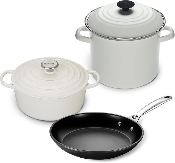 Le Creuset 5-Piece Oven and Stovetop Cookware Bundle with 4-1/2 QT Round Dutch Oven, Le Creuset 8 QT Covered Stockpot, and Le Creuset 10" Toughened Nonstick Pro Fry Pan (White)