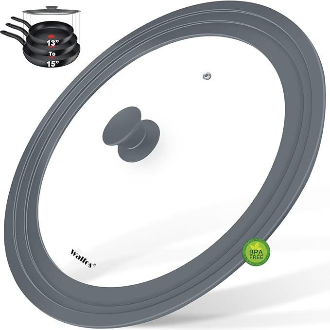Walfos Universal Lid for 13", 14" and 15" Diameter Cookware - Tempered Glass Pan Lid with Heat Resistant Silicone Rim, BPA Free Pot Lids, Fits Pots, Pans and Skillets, Dishwasher-Safe, Gray