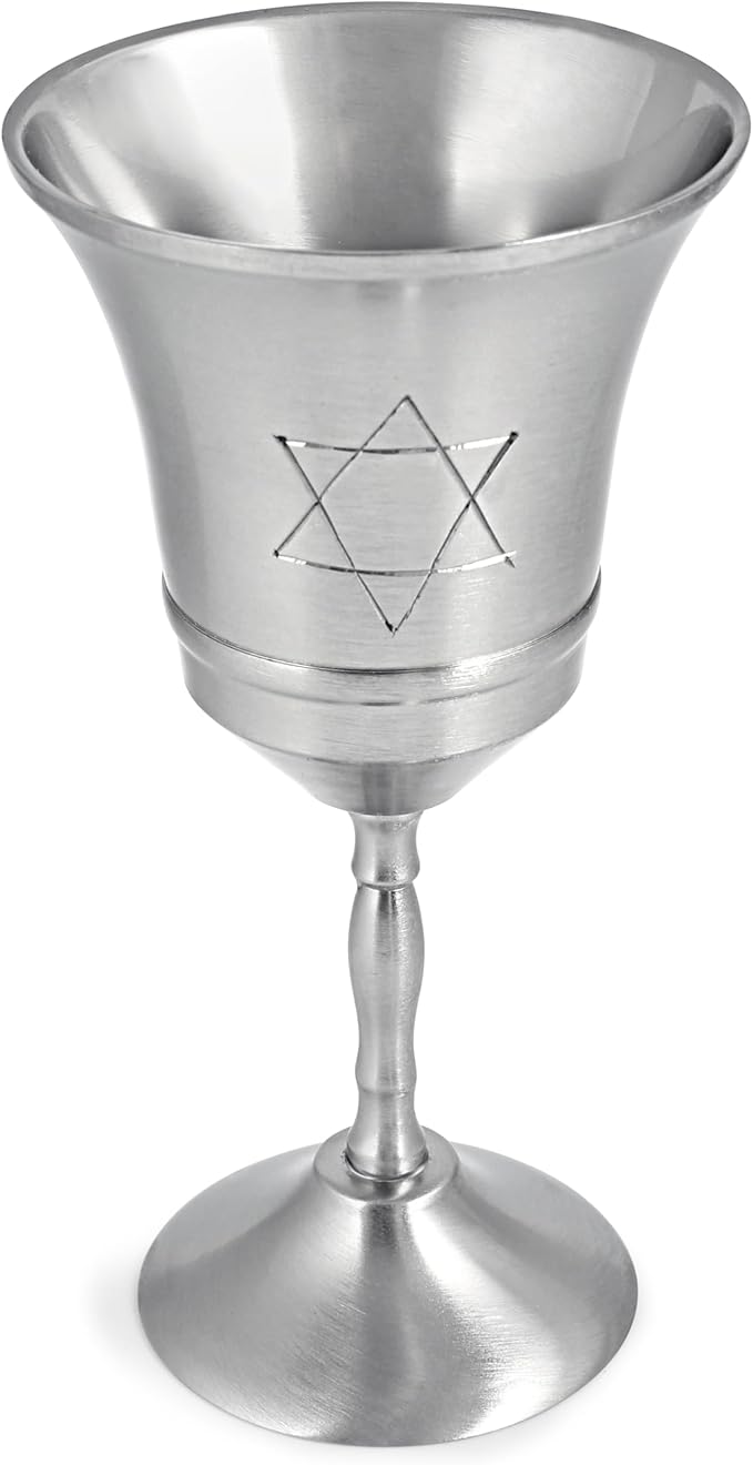 Elegant Traditional Passover Star of David Kiddush Cup Satin Brass Finish - Stainless Steel 5" Stemmed Wine Cup Goblet for Shabbat, Pesach Seder, Bar/Bat Mitzvah, Wedding Gift by Zion Judaica