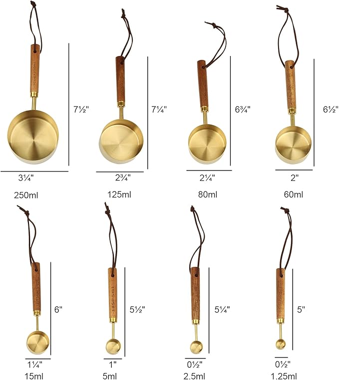 Gold Measuring Cup and Spoon Set - Stainless Steel Measuring Cups with Wooden Handles, 4 Measuring Cups and 4 Measuring Spoons, Suitable for Kitchen Baking and Cooking (8 Pcs)