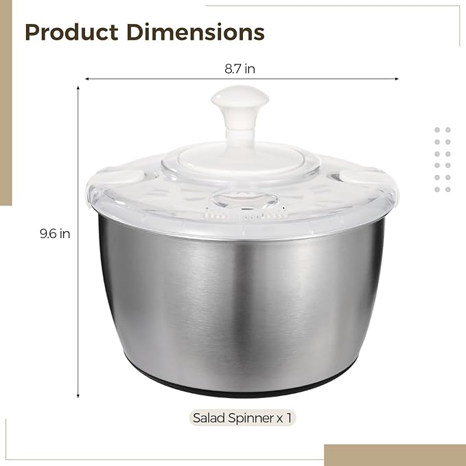 Stainless Steel Salad Spinner 5 L, 360° Quick Spin Function, BPA-Free Lid, Anti-Slip Base, Removable Design for Fruits, Vegetables, Pasta, and More