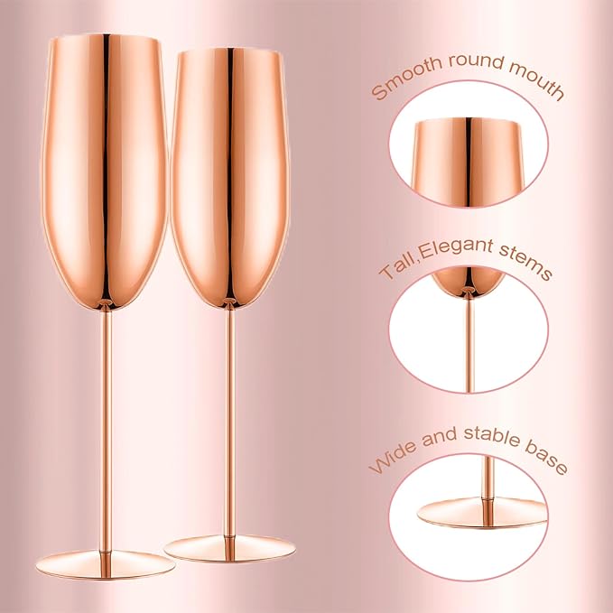 Champagne Glasses Set of 2 Stainless Steel Champagne Flutes Wedding Gifts for Bride 8.5 oz Unbreakable Champagne Glasses for Party Wedding Christmas Anniversary Brithday