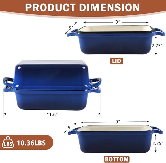 9 x 5 Inch Bread Pan Enameled Cast Iron Loaf Pan with Lid for Baking, 2 in 1 Non-stick Sourdough Bread Loaf Pan for Homemade Bread, Oven & Stovetop Safe for Gas, Electric & Induction, Blue