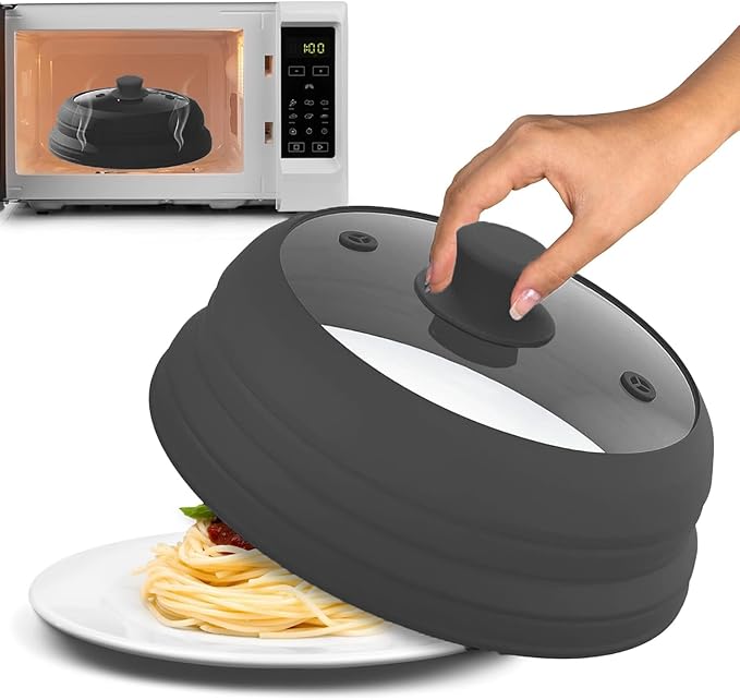 Microwave Splatter Cover Glass 11.8 Inch - Collapsible Microwave Splatter Cover for Plate & Bowl - Tempered Glass Top, Food-Grade Silicone Dome with Heating Vents & Heat-Safe Handle (BLACK)