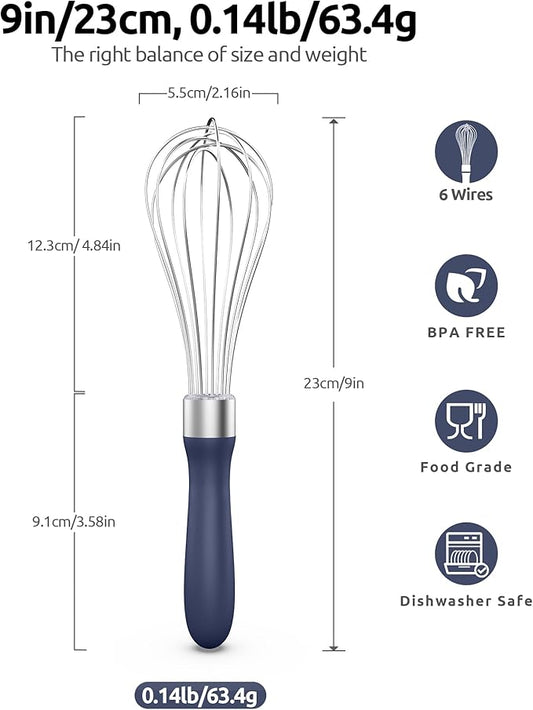 U-Taste 9" Small Egg Whisk: 18/10 Stainless Steel Kitchen Cooking Wire Balloon Wisk, Heavy Duty Metal Beater Stirrer, Manual Baking Tool with 6 Flex Wires for Mixing, Blending Sauce (Midnight Blue)