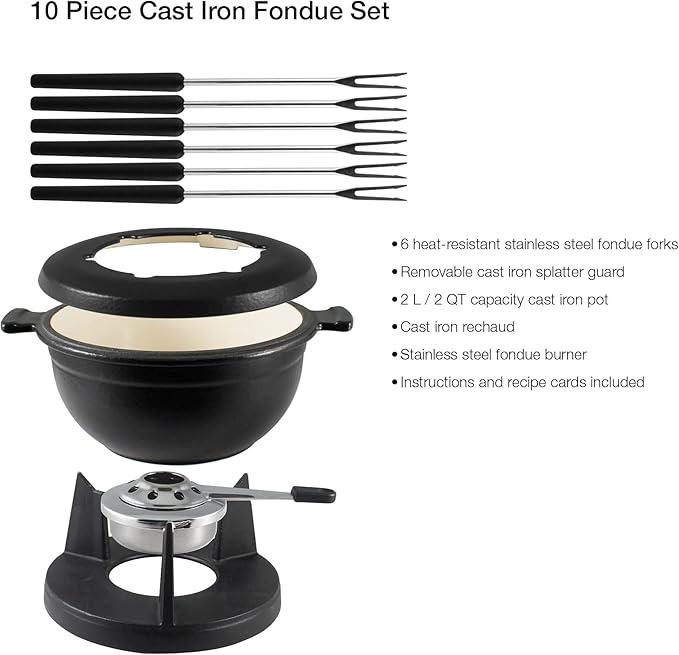 Swissmar Lucerne 10 Piece Cast Iron Fondue Set - Ideal for Melting Cheese, Chocolate, & Meat - Perfect for Kitchen Collection & Wedding Gift Giving - 2 Liter / 2 Quart - Matte Black