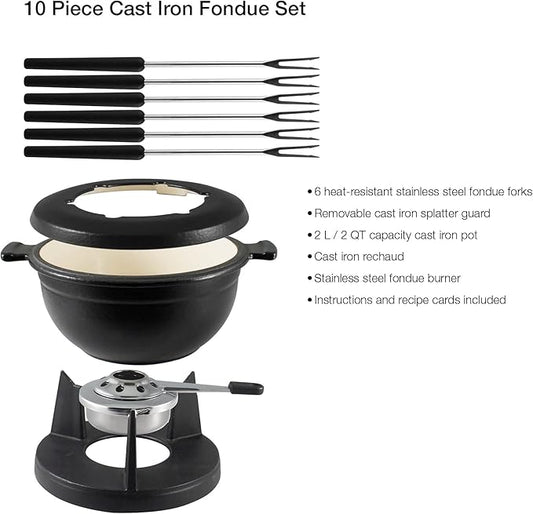 Swissmar Lucerne 10 Piece Cast Iron Fondue Set - Ideal for Melting Cheese, Chocolate, & Meat - Perfect for Kitchen Collection & Wedding Gift Giving - 2 Liter / 2 Quart - Matte Black