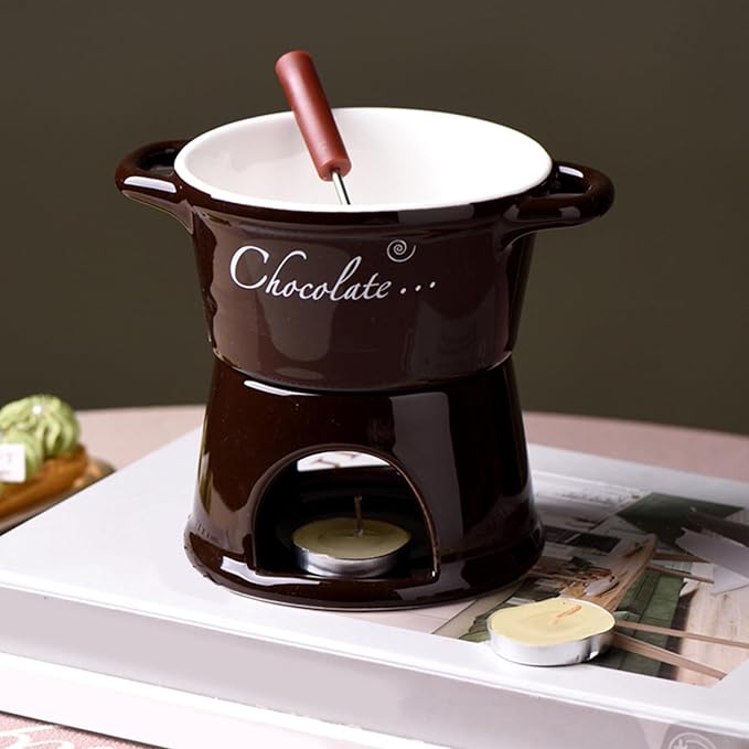 Chocolate Fondue Mug - 330 ml Ceramic Chocolate Melting Cup | Ceramic Personal Fondue Coffee Mug Warmer with Fork | Handmade Melting Butter Warmer for Appetizer Dessert Cheese (Brown)