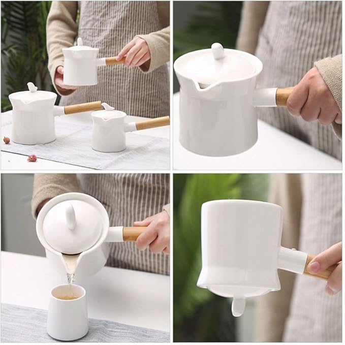 Unomor Mini Sauce Pan Ceramic Milk Pan Porcelain Tea Pot with Lid Wooden Handle 350ml Butter Warmer Mini Cooking Pot Coffee Pitcher for Soup Drink Kung Fu Tea White