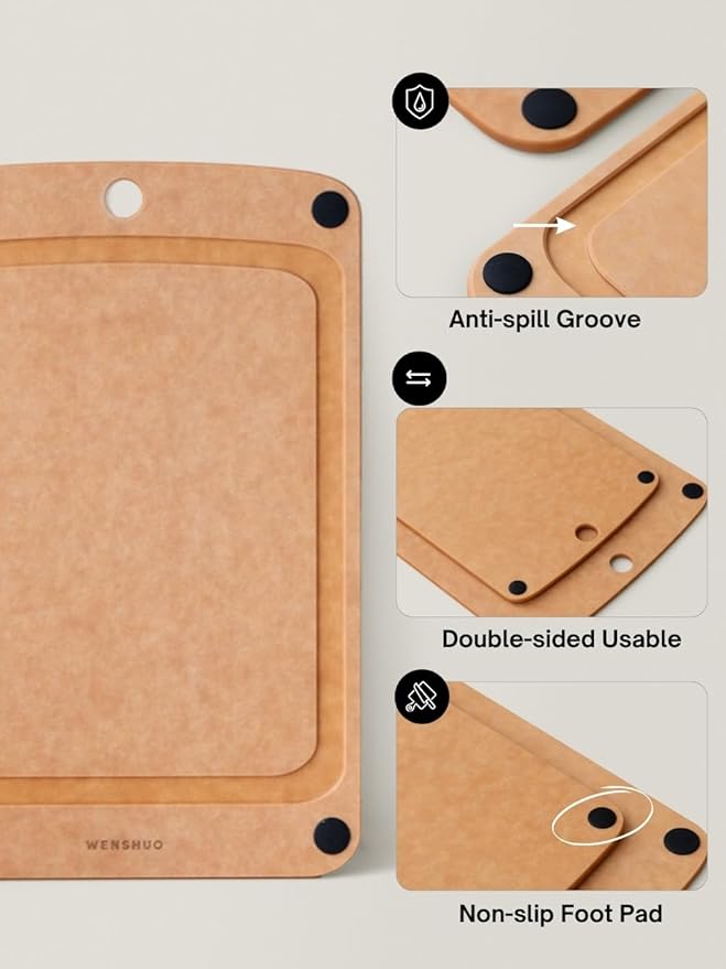 WENSHUO Gourmet Series Cutting Board Set for Kitchen- Natural Wood Fiber Composite with Juice Groove、Non-slip Feet,Non-Porous,Reversible,BPA Free,Dishwasher Safe,2PCS