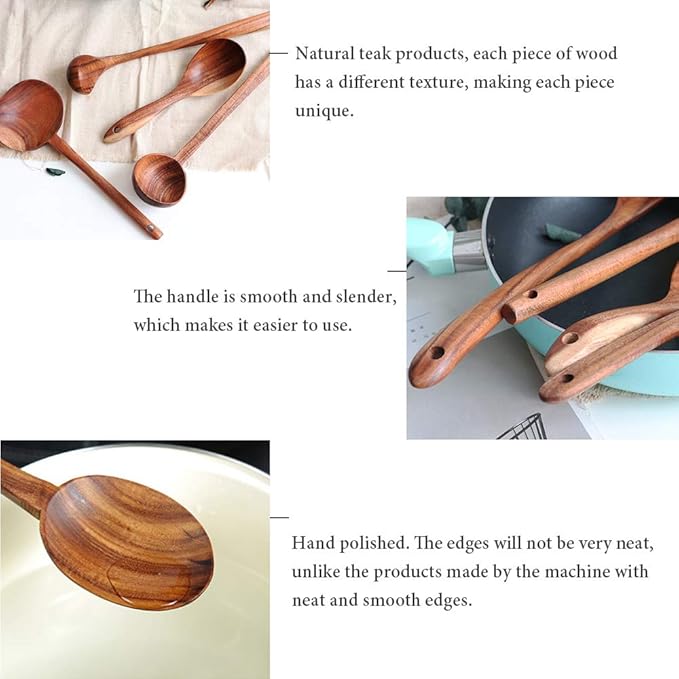 FJNATINH Wooden Soup Ladle Set, Kitchen Spoon Set Utensils, 4 Pcs Handmade Natural Teak Cooking Spoons, Long Handle Wooden Soup Ladle Spoon