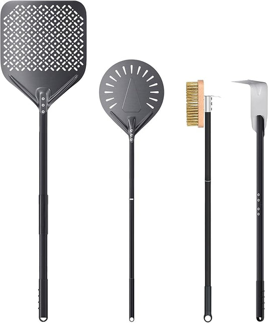 4 Piece Pizza Oven Kit, 9 Inch Turning Peel, 12 Inch Perforated Pizza Peel, Oven Brush and Ash Rake, Wood Burning Commercial Oven Accessoires for Home, Restaurant