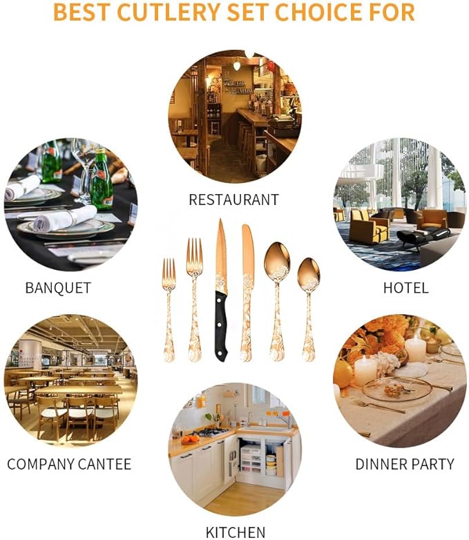 Premium 24 Piece Western Pattern Steak Knife,Fork and Spoon Set,Set for 4,Stainless Steel Cutlery Set with Gift-Ready Box,Dishwasher Safe, Ergonomic Design (Rose Gold)